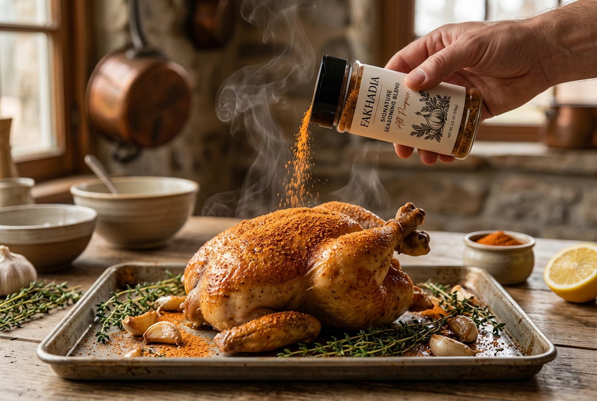 Fakhadia seasoning sprinkled onto roasted chicken with garlic and thyme